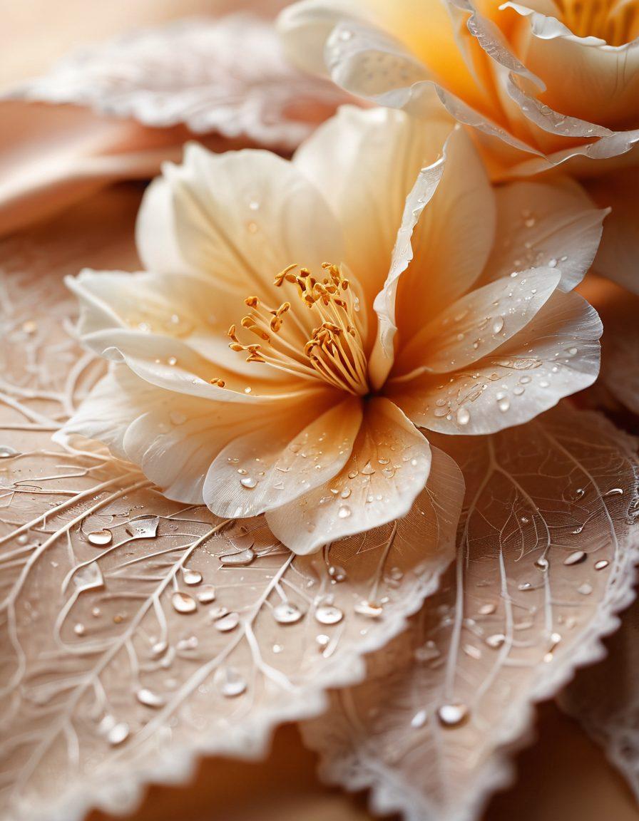 A close-up shot of an artistic and sensual arrangement featuring delicate textures like silk, lace, and skin. Soft, warm lighting enhances the intimate atmosphere, highlighting the intricate details and curves. The background is softly blurred, drawing focus to the artistry of the composition. Incorporate elements of nature, like petals or water droplets, to add an organic touch. super-realistic. warm tones. soft focus.